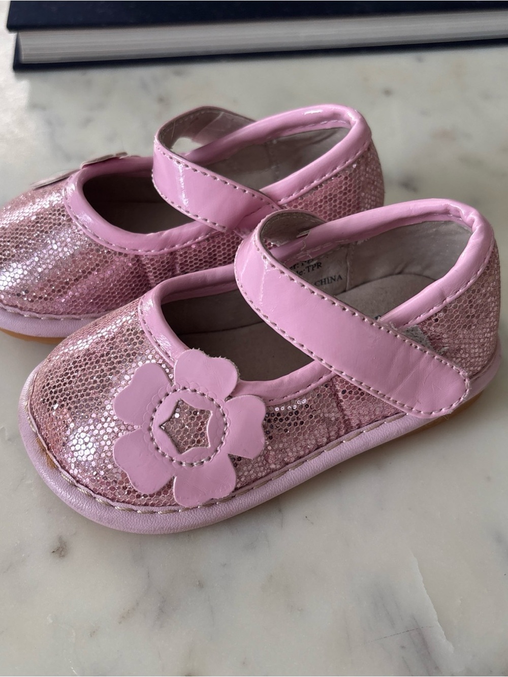 Toddler Pink Sparkle Mary Jane Shoes with Flower Accent squeaker